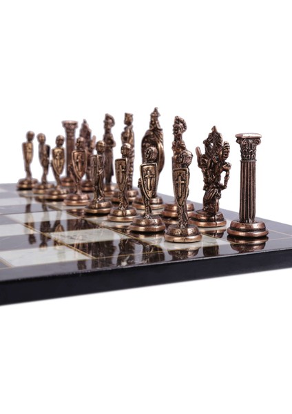 5 No. İngiliz Antik Bakır Satranç Taşları ve Katlanır Mermer Desenli Mdf Ahşap Satranç Tahtası 43 x 43 cm fırsatları