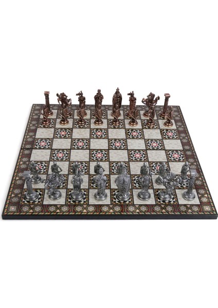 5 No. İngiliz Antik Bakır Satranç Taşları ve Katlanır Sedef Desenli Mdf Ahşap Satranç Tahtası 43 x 43 cm