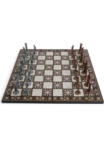 5 No. İngiliz Antik Bakır Satranç Taşları ve Katlanır Sedef Desenli Mdf Ahşap Satranç Tahtası 43 x 43 cm