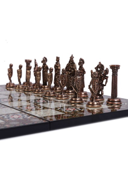 5 No. İngiliz Antik Bakır Satranç Taşları ve Katlanır Sedef Desenli Mdf Ahşap Satranç Tahtası 43 x 43 cm