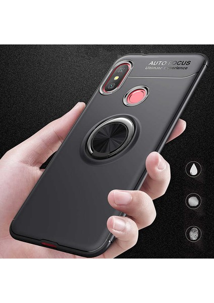 Case 4U Xiaomi Redmi Note 6 Pro Kılıf Autofocus Shockprof Ravel Yüzüklü Standlı Slikon Kapak + Cam Ekran Koruyucu Siyah