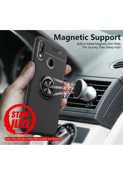 Case 4U Huawei P20 Lite Kılıf Autofocus Shockprof Ravel Yüzüklü Standlı Slikon Kapak + Cam Ekran Koruyucu Siyah