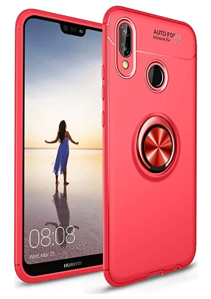 Case 4U Huawei P20 Lite Kılıf Autofocus Shockprof Ravel Yüzüklü Standlı Slikon Kapak + Cam Ekran Koruyucu Kırmızı