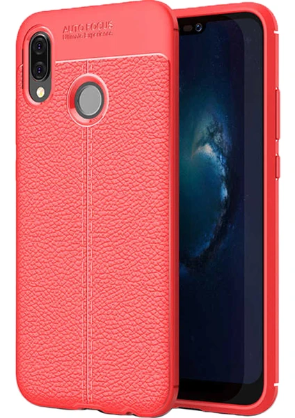 Case 4U Huawei P20 Lite Kılıf Rugan Armor Deri Görünümlü Yüksek Kalite Silikon Niss + Cam Ekran Koruyucu Kırmızı