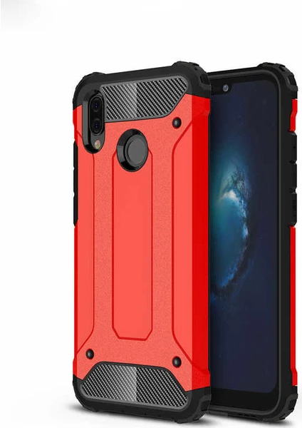 Case 4U Huawei P20 Lite Kılıf Military Armor Çift Katmanlı Crash Silikon Kılıf + Cam Ekran Koruyucu Kırmızı