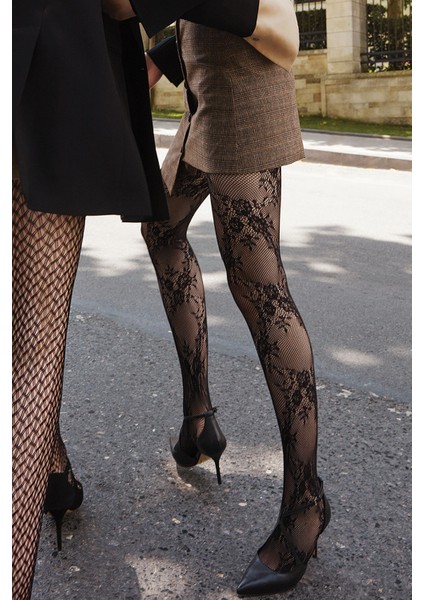 Siyah Roses File Külotlu Çorap