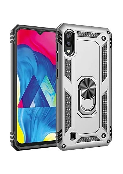 Case 4U Samsung Galaxy M10 Kılıf Çift Katmanlı Yüzüklü Manyetik Vega Kapak Gümüş