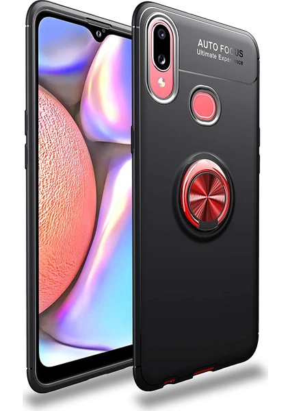 Case 4U Samsung Galaxy A10S Kılıf Autofocus Shockprof Ravel Yüzüklü Standlı Slikon Kapak Siyah Kırmızı