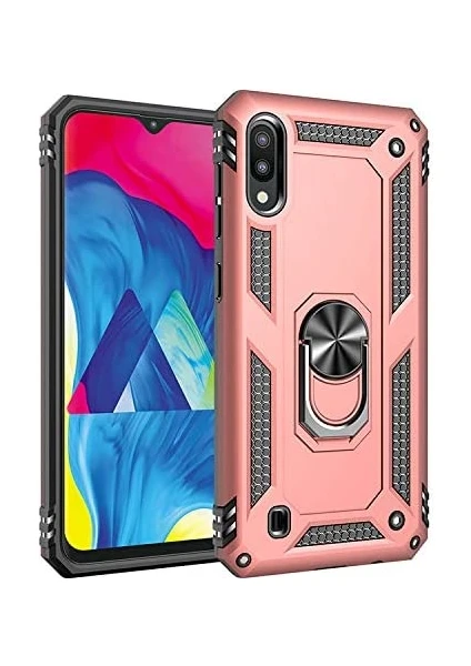 Case 4U Samsung Galaxy M10 Kılıf Çift Katmanlı Yüzüklü Manyetik Vega Kapak Rose Gold