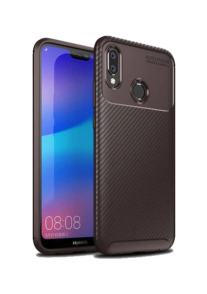 Case 4U Huawei P20 Lite Kılıf Rugged Armor Karbon Desenli Lüx Negro Silikon Arka Kapak Kahverengi