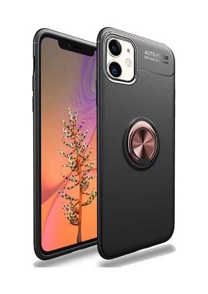 Apple iPhone 11 Kılıf Autofocus Shockprof Ravel Yüzüklü Standlı Slikon Kapak Siyah Rose Gold