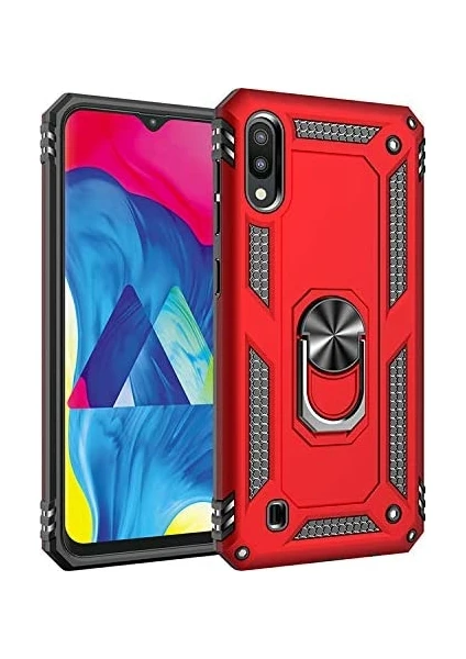 Case 4U Samsung Galaxy M10 Kılıf Çift Katmanlı Yüzüklü Manyetik Vega Kapak Kırmızı