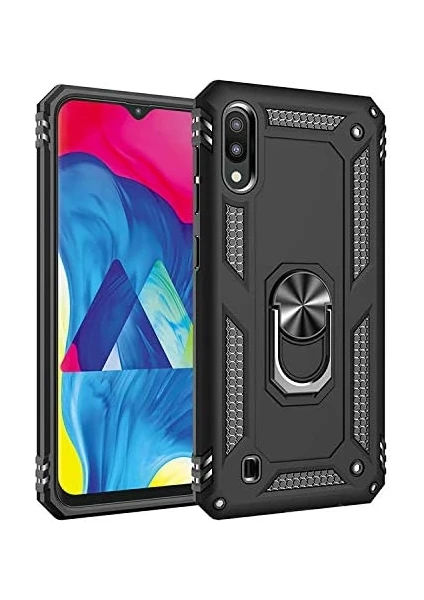 Case 4U Samsung Galaxy M10 Kılıf Çift Katmanlı Yüzüklü Manyetik Vega Kapak Siyah