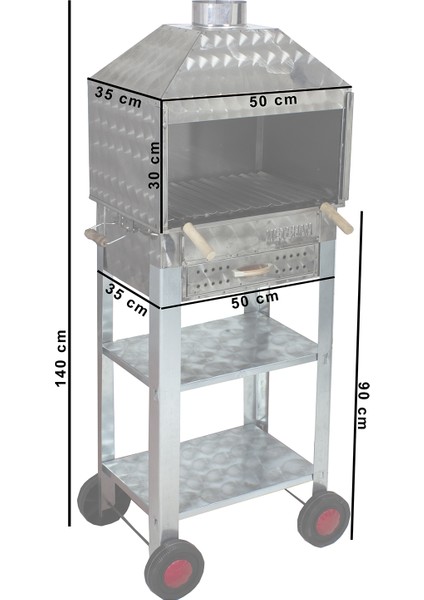 MTH-115 Davlumbazlı Bacalı Çekmeceli Lama Izgaralı Mangal 4 Tekerlekli