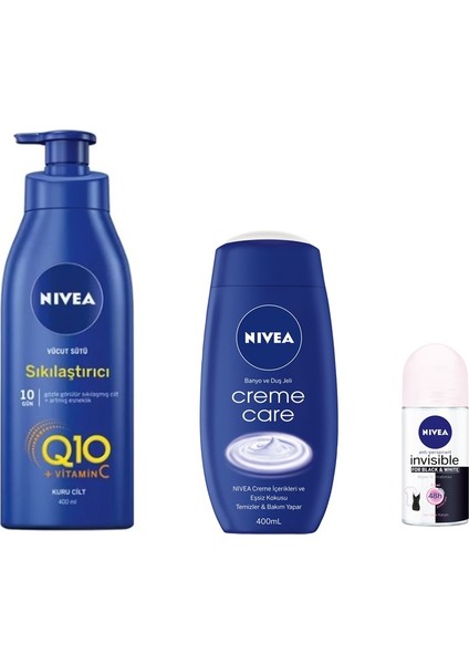Besleyici & Sıkılaştırıcı Vücut Sütü 400ML + Nivea Creme Care Duş Jeli 250ML + Nivea Invısıble Rollon