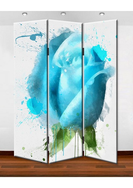 Mavi Gül 3 Kanat Tekerlekli Kanvas Paravan