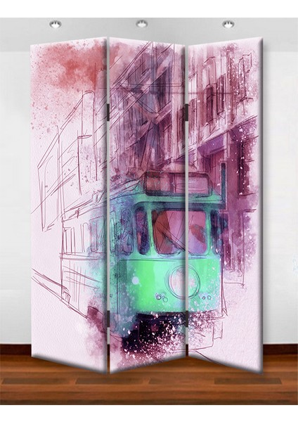 Yeşil Tramvay 3 Kanat Tekerlekli Kanvas Paravan