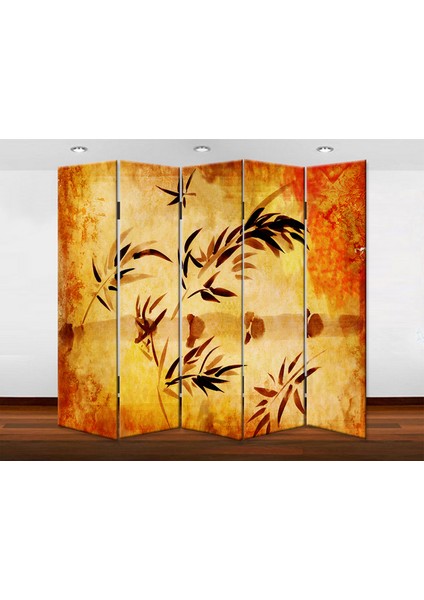 Kahverengi Yapraklar 5 Kanat Kanvas Tekerlekli Paravan