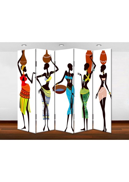 Afrika 5 Kanat Kanvas Tekerlekli Paravan