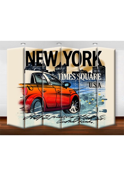 Newyork Car 6 Kanat Tekerlekli Kanvas Paravan