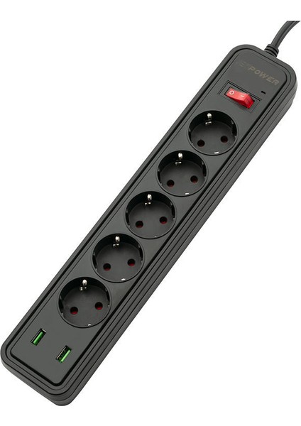Jettpower 0368 Akım Korumalı 2 USB'li 5'li Grup Priz 1.8 m Uzatma Kablosu Siyah