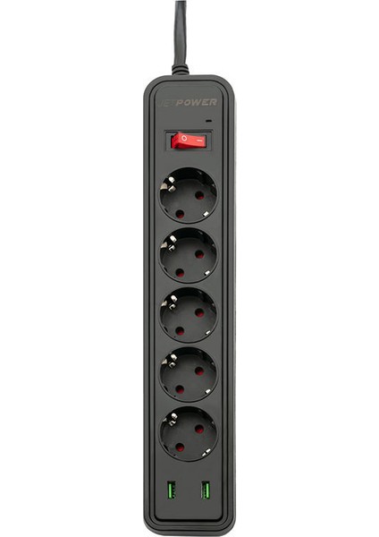 Jettpower 0368 Akım Korumalı 2 USB'li 5'li Grup Priz 1.8 m Uzatma Kablosu Siyah