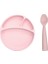 Vakum Tabanlı Silikon Tabak + Kaşık Set - Pembe 1