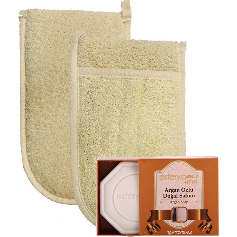 İpek Naturel Ipek Naturel Kabak Lifi Kese Çift Taraflı El Geçmeli + Argan Sabunu Banyo Hamam Kesesi Spa Seti