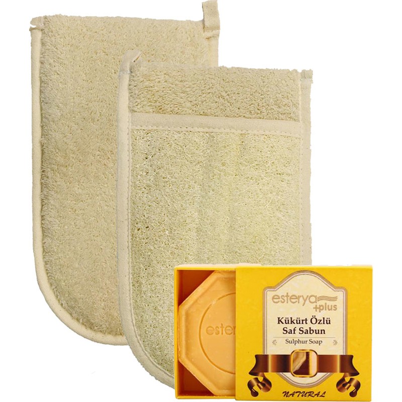İpek Naturel Ipek Naturel Kabak Lifi Kese Çift Taraflı El Geçmeli + Kükürt Sabunu Banyo Hamam Kesesi Spa Seti