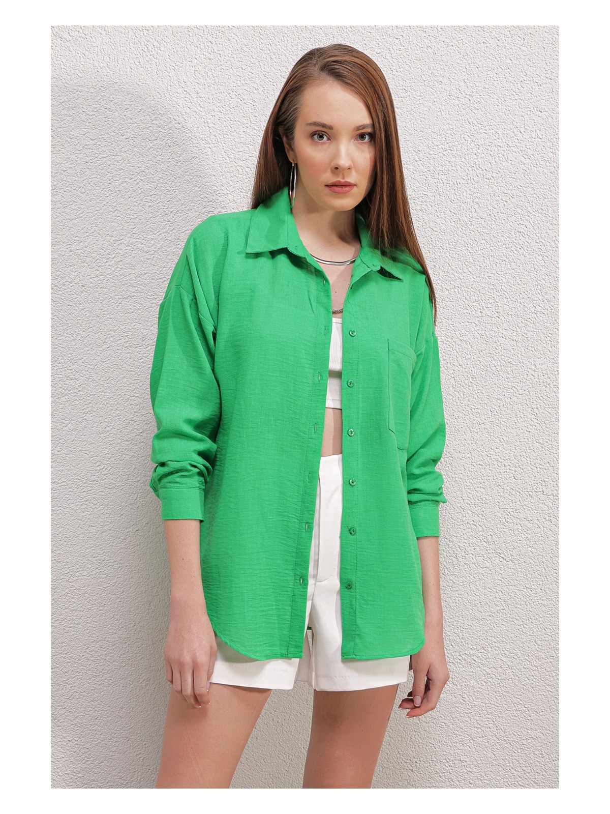 Bigdart Tek Cepli Oversize Gömlek E.yeşil Günlük Stil %70 Pamuk Düz Renk - Görsel 6