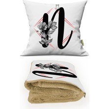 Caisya N Harfi Baskılı Kişiye Özel Opsiyonel Battaniyeli Yastık Kırlent 2 In 1