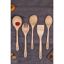Öz Ahşap El Yapımı Premium 5 Parça Ahşap, Tahta Mutfak Kaşık Seti Kepçe, Çatal ,pilav Kaşığı , Spatula ,kaşık