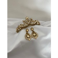 Lüks Düğün Aksesuarları Berfu Altın Salkım Gelin Tacı Küpe Seti