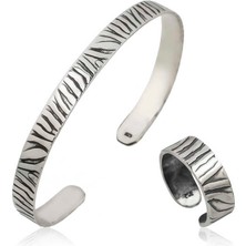 Stil Love Gümüş Zebra Desenli Bileklik ve Yüzük Set