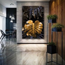SML Tablo Gold Deve Tabanı Montsera Yaprağı ve Altın Detaylı Yapraklar Kanvas Tablo