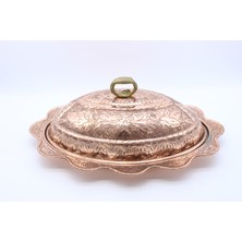 Copperdone Ağır El Işlemesi Çiçek Desenli Bakır Kayık Tabak 35 cm