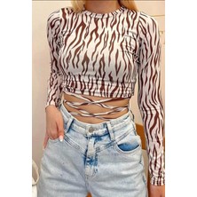 Purti Butik Zebra Desenli Belden Çapraz Bağlamalı Kahverengi Crop Bluz