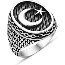 Takılingo 925 Ayar Gümüş Zincir Desenli Ayyıldız Işlemeli Taşsız Erkek Yüzük