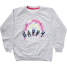 by BebekOdam Kız Çocuk Gri Happy Gökkuşağı Baskılı Tek Üst Sweat
