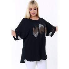 Kheos Yuvarlak Yaka Kol Ucu Tül Şeritli Tüy Taş Baskılı Esnek Şık ve Cool Likralı Büyük Beden Bluz