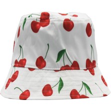 Şapkadan Kiraz Desenli Kova Balıkçı Şapka Bucket Hat-Beyaz