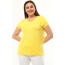 Ebsumu Kadın Büyük Beden V Yaka Basic Kısa Kollu Sarı Tişört10