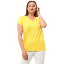 Ebsumu Kadın Büyük Beden V Yaka Basic Kısa Kollu Sarı Tişört10