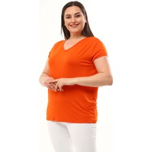 Ebsumu Kadın Büyük Beden V Yaka Basic Kısa Kollu Turuncu Tişört10