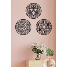 Unt Kutsal Geometri 3 Lü Set, Yaşam Çiçeği, Merkaba, Ay Evreleri Duvar Dekoru, Ahşap Dekoratif Tablo