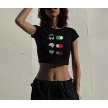Touz Moda Yes Music No Some Things Baskılı Siyah Crop