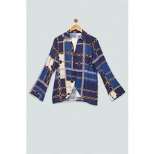 For You woman Zincir  Desenli  Saks Gömlek