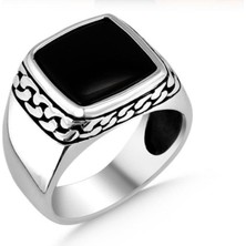 Takılingo 925 Ayar Gümüş Zincir Desenli Siyah Oniks Taşlı Dikdörtgen Model Erkek Yüzük