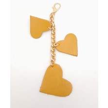 Angel Çanta Aksesuar Hardal Gerçek Deri Kalpli Süs Püskül Light Gold Zincirli