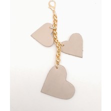 Angel Çanta Aksesuar Bej Gerçek Deri Kalpli Süs Püskül Light Gold Zincirli